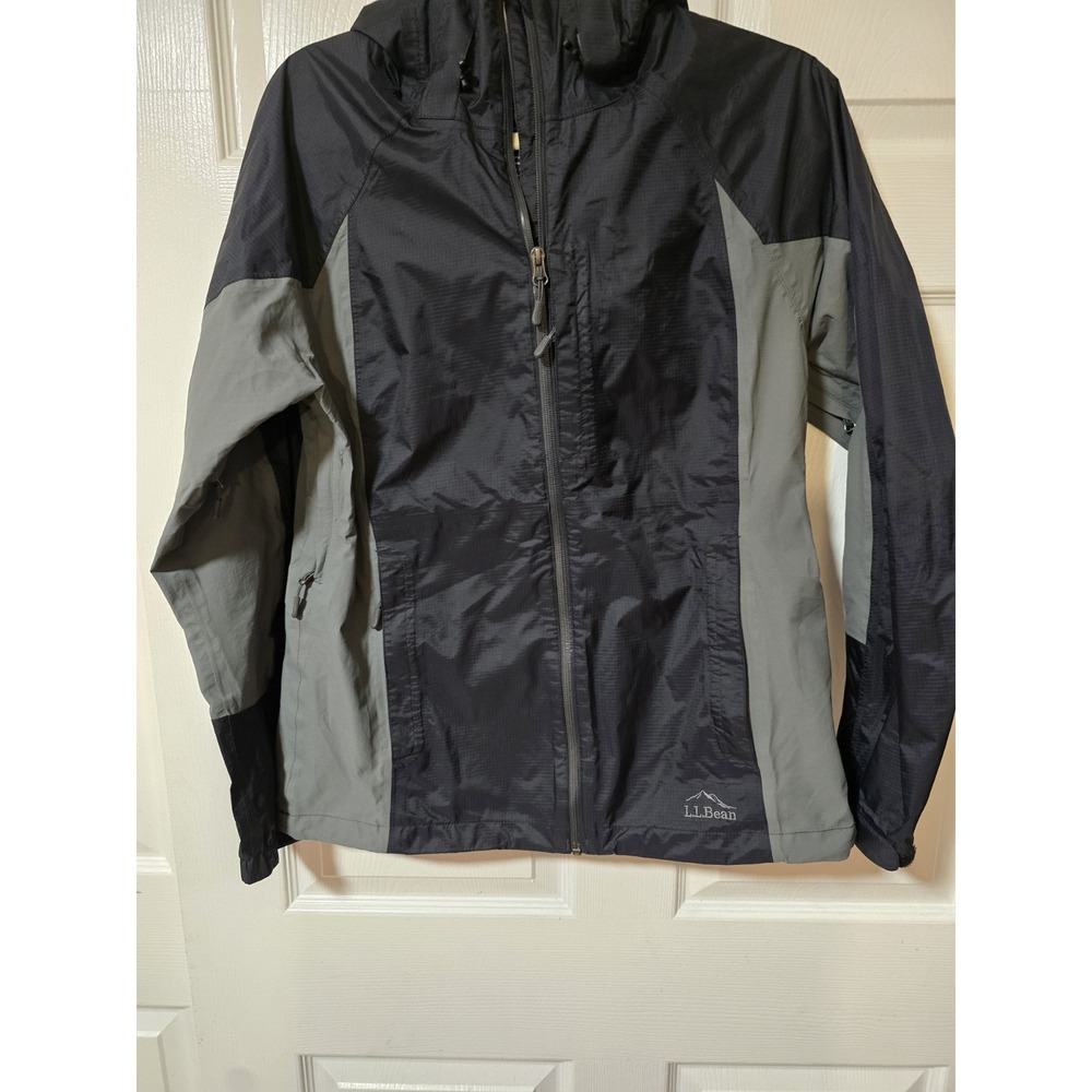 LL Bean Jacket Womens‎ M Gray Black Hooded Nylon Shell Rain Waterproof Coat